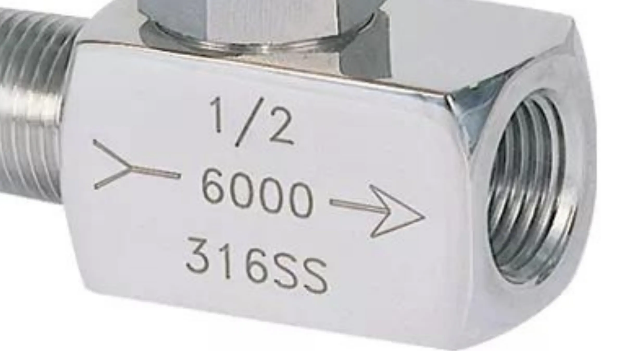 Morris gauge valve marked 1/2 in., 6000 psi, 316 SS